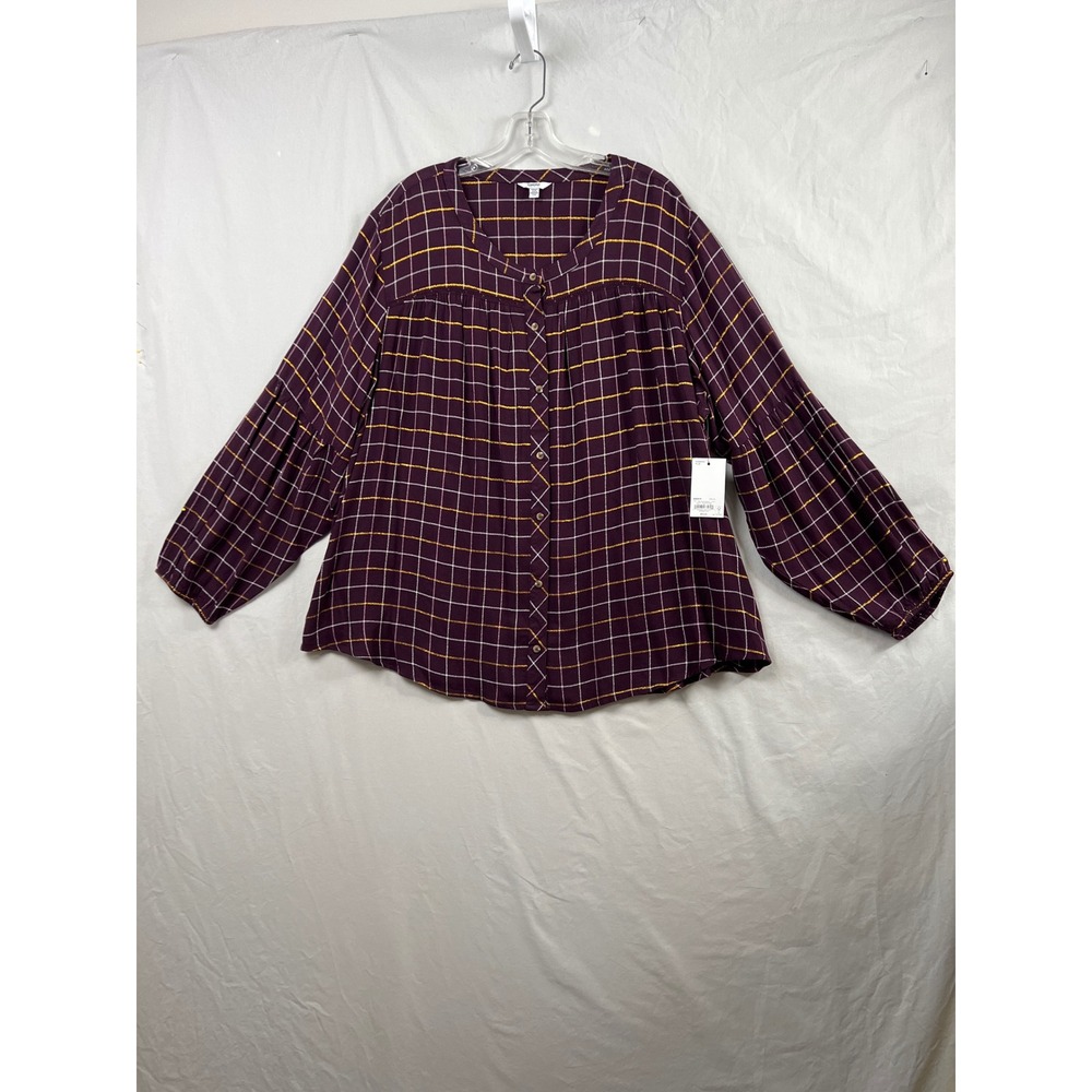 Sonoma Button Down Blouse Womens 2X Purple Gold Metallic Windowpane Plaid New